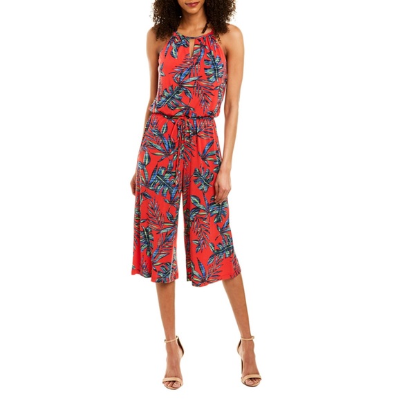 London Times Pants - LONDON TIMES Red Tropical Print Crop Jumpsuit